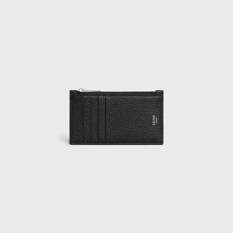 zipped compact card holder in grained calfskin