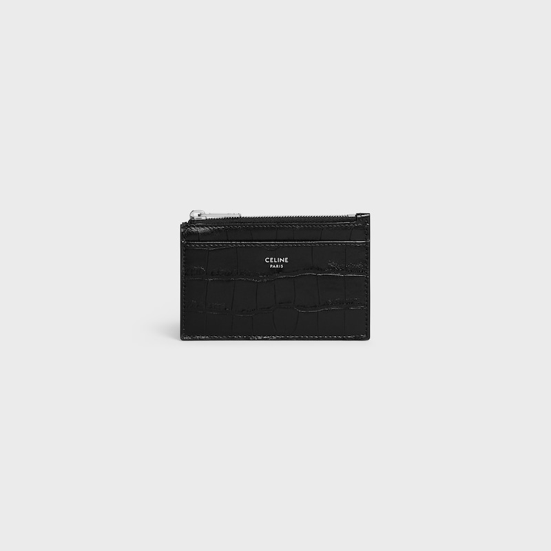 zipped card holder in crocodile embossed calfskin