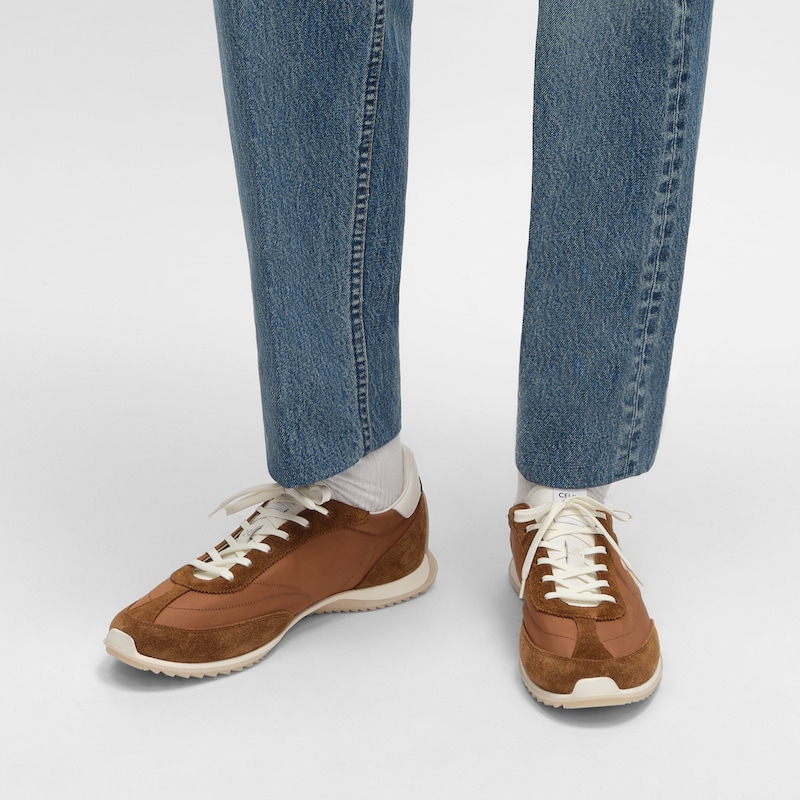 celine racer low lace-up sneaker with triomphe in nylon suede calfskin and calfskin