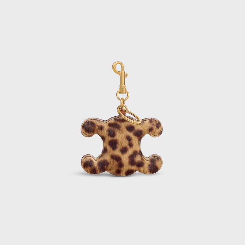 triomphe pom-pom keyring in pony with leopard print and calfskin