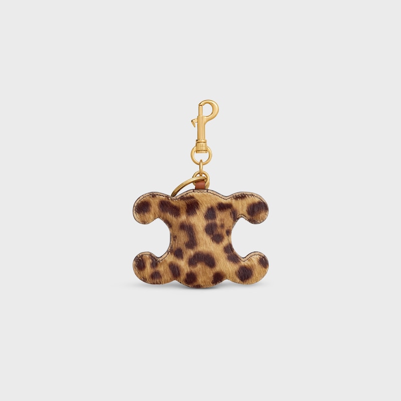 triomphe pom-pom keyring in pony with leopard print and calfskin