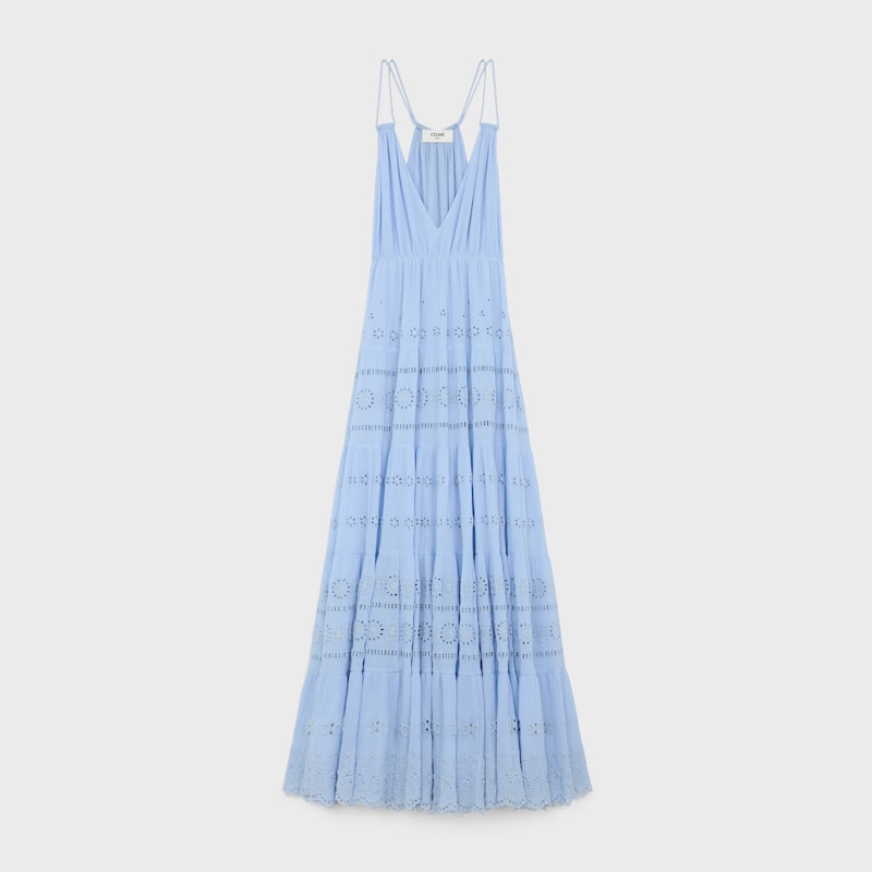 embroidered long dress in cotton silk crepon