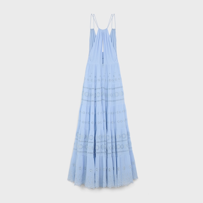 embroidered long dress in cotton silk crepon