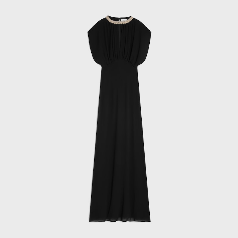 long dress with embroidered collar in silk georgette