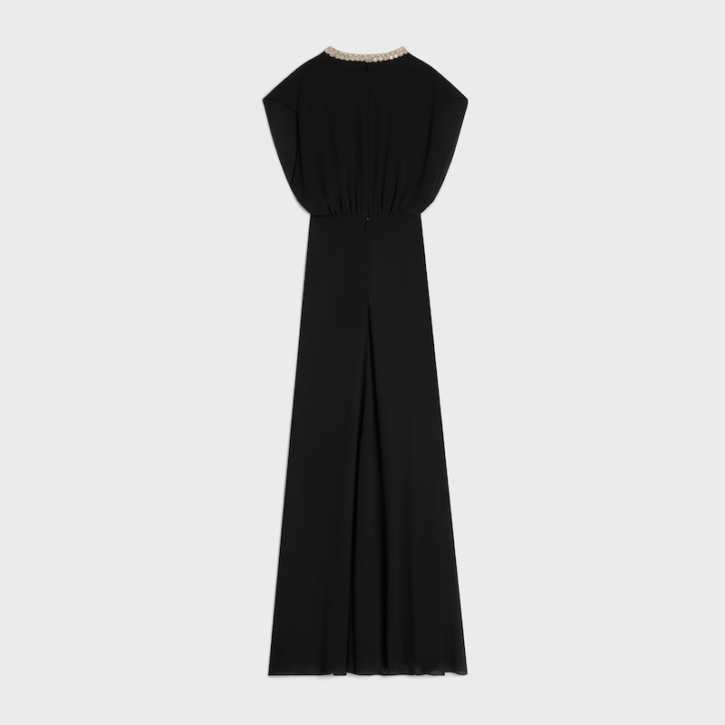 long dress with embroidered collar in silk georgette