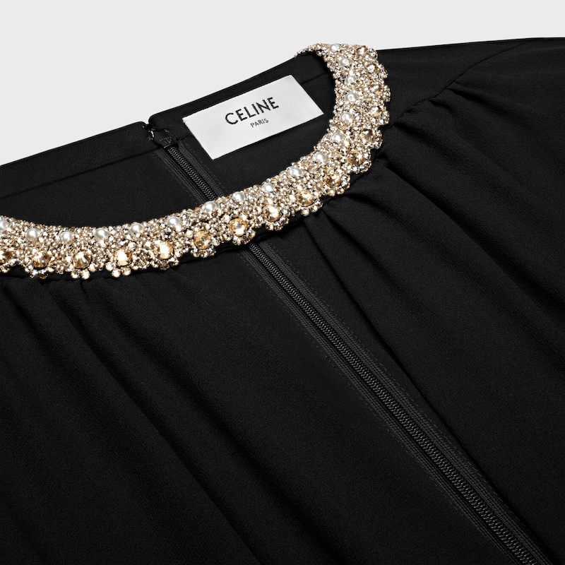 long dress with embroidered collar in silk georgette