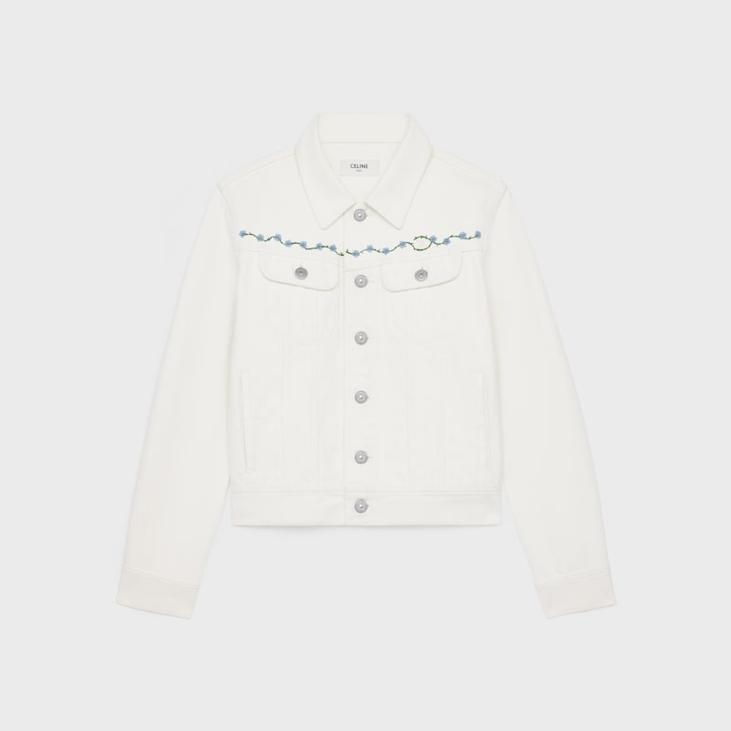 embroidered trucker jacket in raw wash white denim