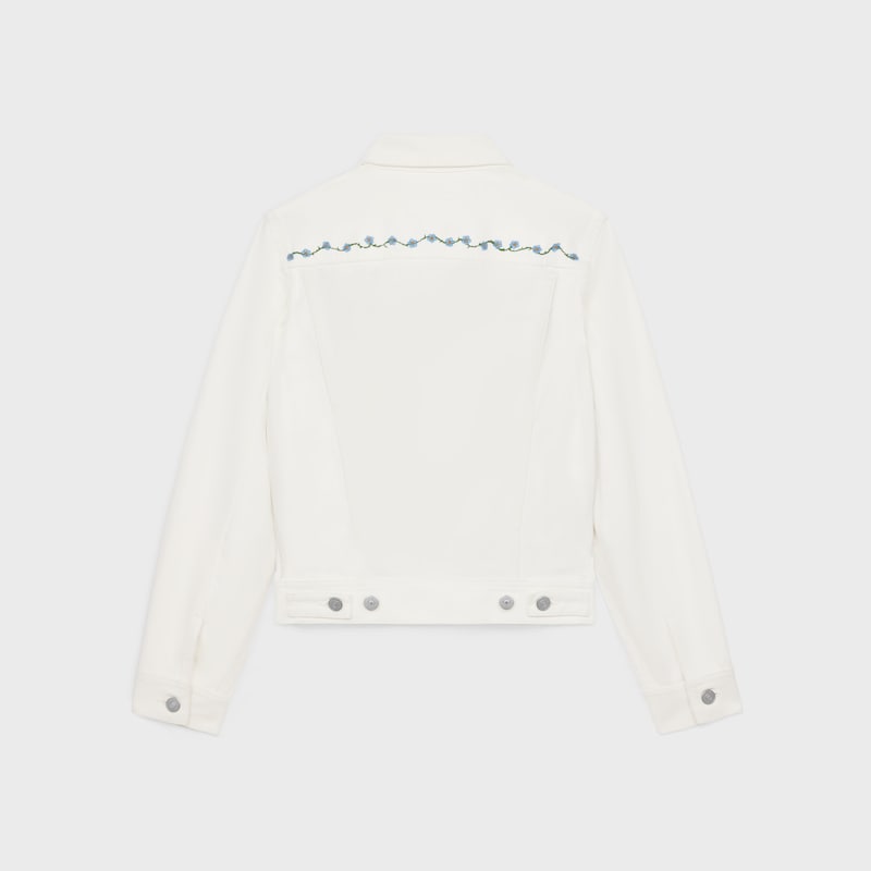 embroidered trucker jacket in raw wash white denim
