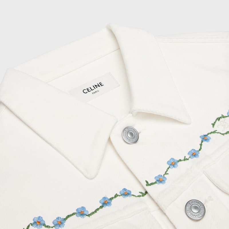 embroidered trucker jacket in raw wash white denim
