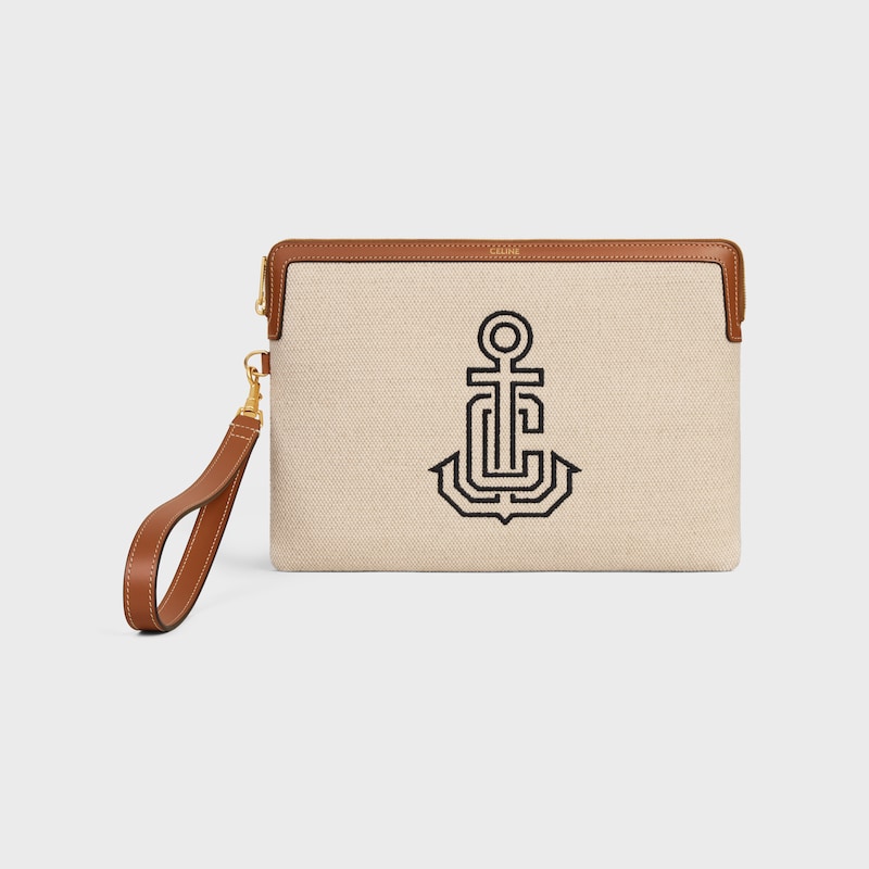 small pouch with strap in textile with anchor embroidery and calfskin