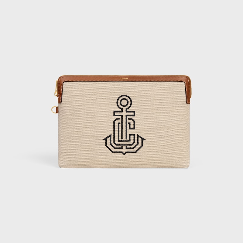 small pouch with strap in textile with anchor embroidery and calfskin