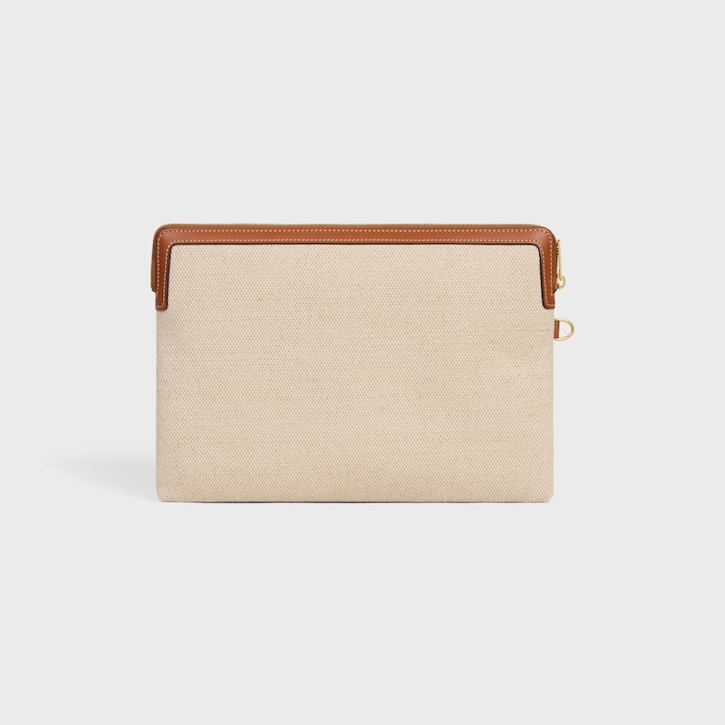 small pouch with strap in textile with anchor embroidery and calfskin