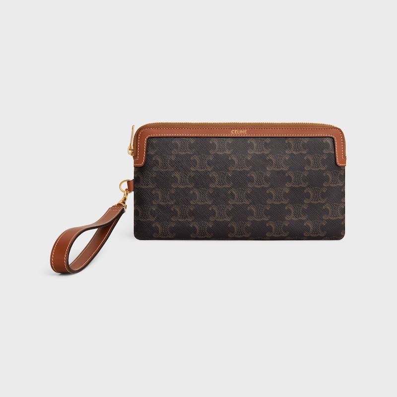 long pouch with strap in triomphe canvas and calfskin