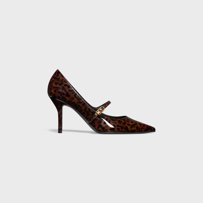 celine judy strappy pump in printed leopard patent calfskin