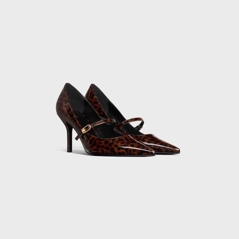 celine judy strappy pump in printed leopard patent calfskin