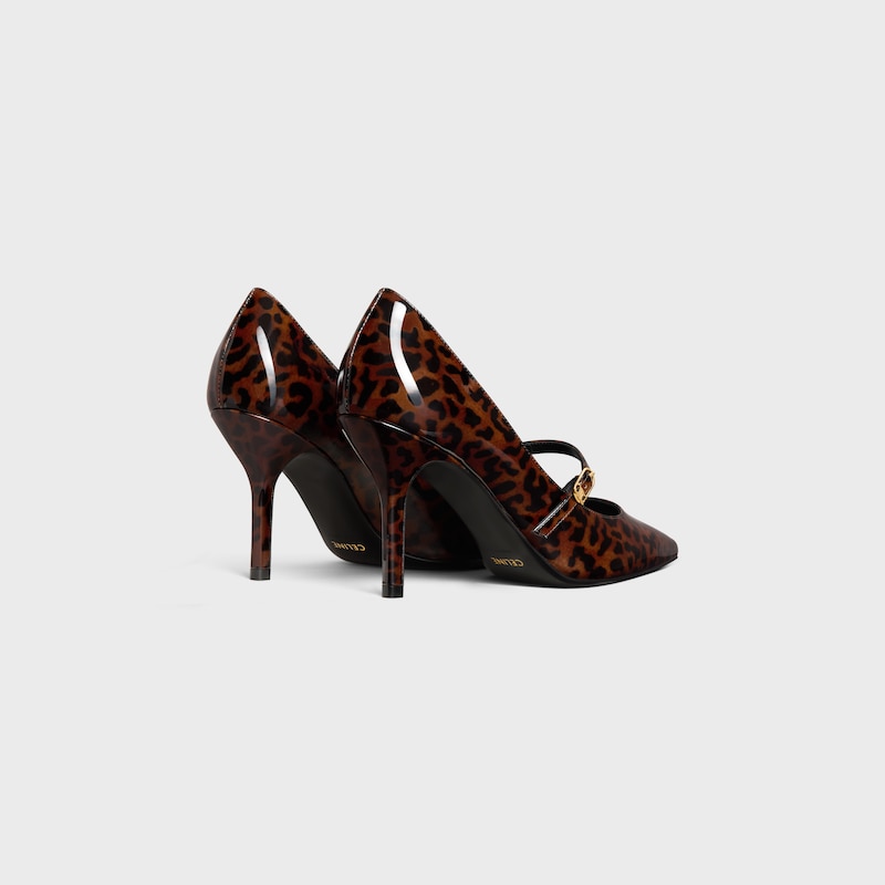 celine judy strappy pump in printed leopard patent calfskin
